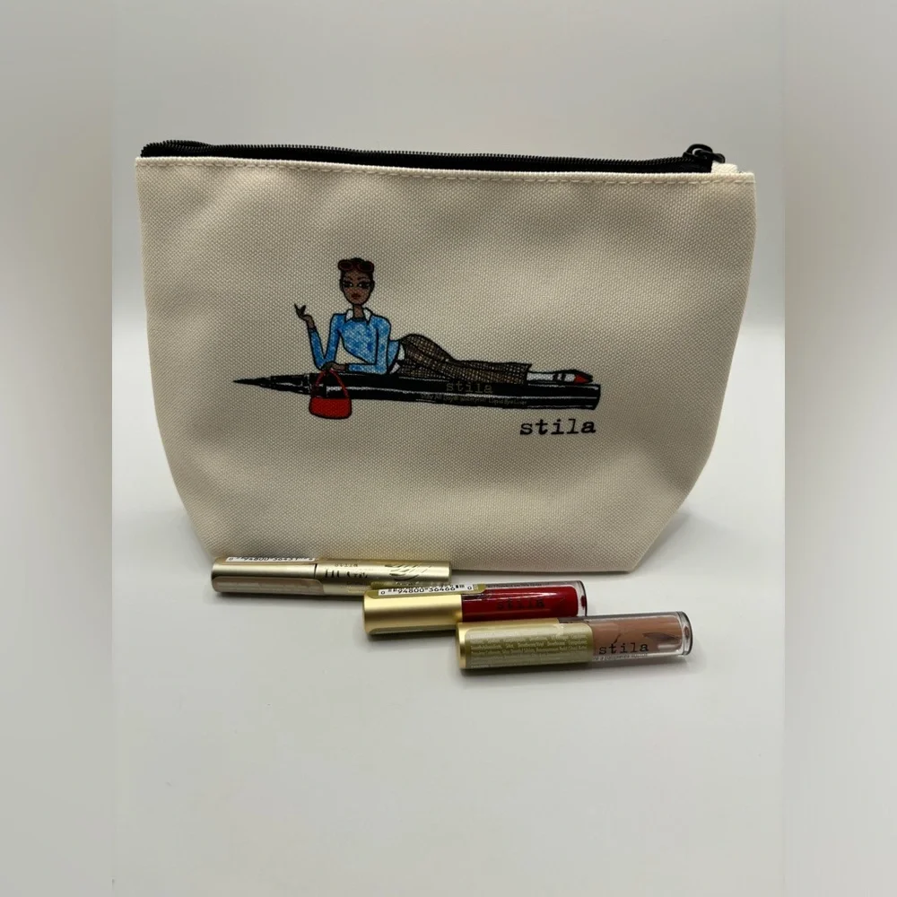 Stila 4pc Gift Set Bag Liquid Lipstick Eyeshadow Mascara Sleepover Makeup Beauty